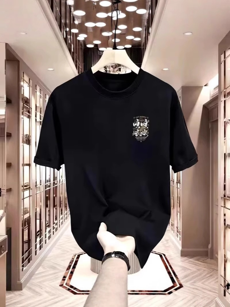 2026 Summer Men's 100% Cotton Heavyweight T-Shirt, Korean Style Loose Fit, Trendy Streetwear Crew Neck Short Sleeve, Casual Baggy Tees