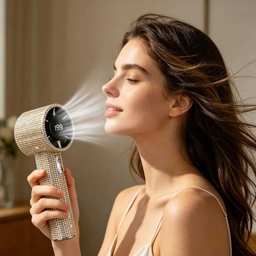 Portable Mini Fan Rhinestone LED Display Turbo High Speed Handheld Cooling Fan Quiet Operation Summer Travel Must-Have C260528