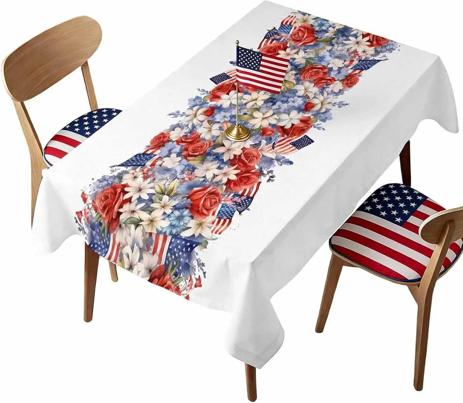 4th of July Independence Day American Flag Print Tablecloth for Table Decor Red Blue White Floral Dining Table Cloth Party Decor C260526
