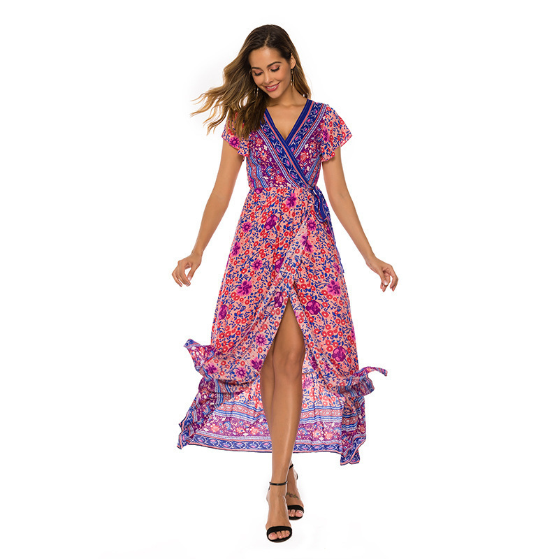 Spring summer dress sexy Vneck Bohemian cardigan waist print 439