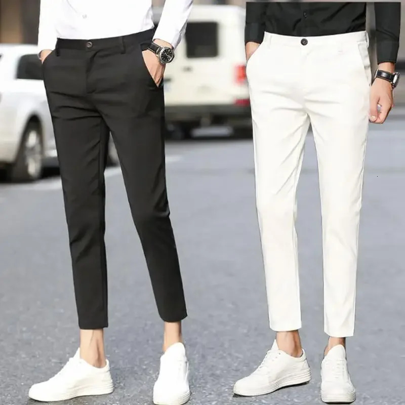 Slim Fit White Tressed Male Suit Trousers Business Social Tailoring Stretch Mens Summer Pants 9 Cropped Elastic Clothes Offer 260527