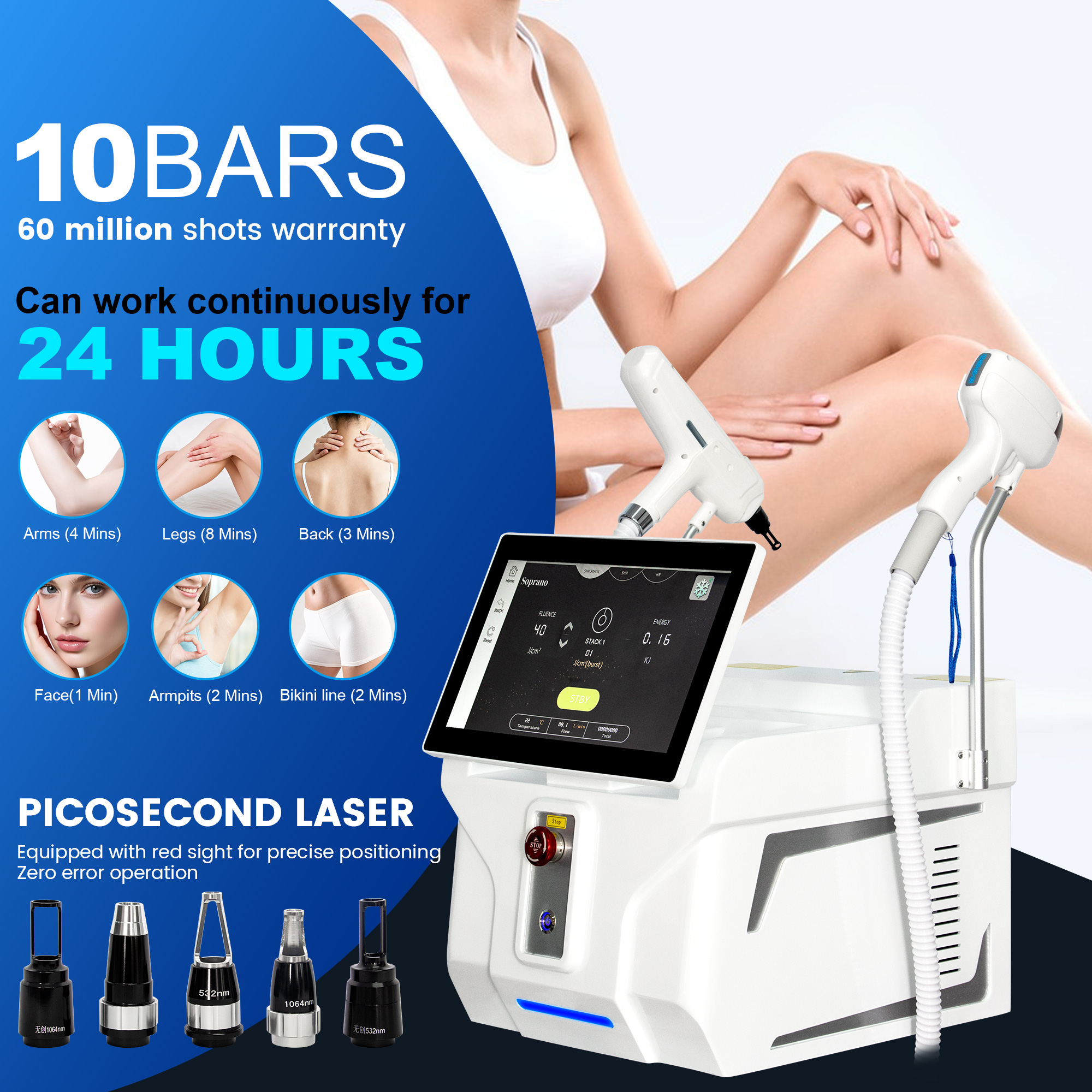 10 Bars Diode Laser Hair Removal with Picosecond Acne Scar Removal Machine 755 808 940 1064nm for Face Arms Legs Bikini