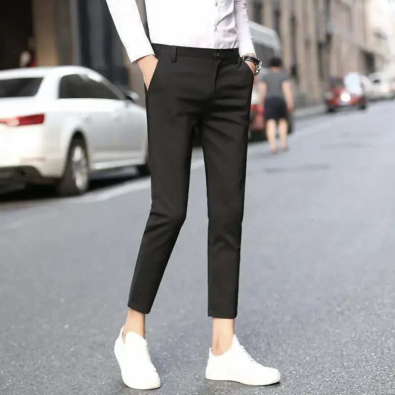 Slim Fit White Tressed Male Suit Trousers Business Social Tailoring Stretch Mens Summer Pants 9 Cropped Elastic Clothes Offer 260527