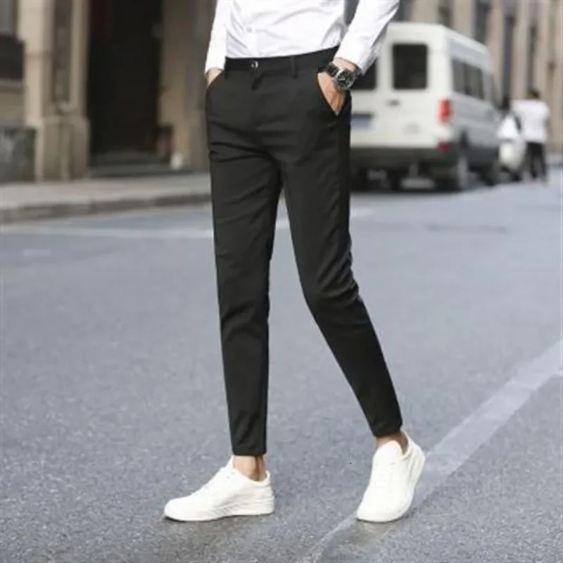 Slim Fit White Tressed Male Suit Trousers Business Social Tailoring Stretch Mens Summer Pants 9 Cropped Elastic Clothes Offer 260527