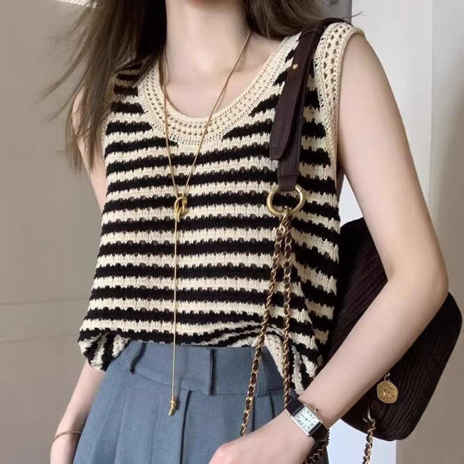 Striped Knit Sleeveless Vest French Style Loose Fit Hollow Design Summer Casual Top For Women MAKOUFEI