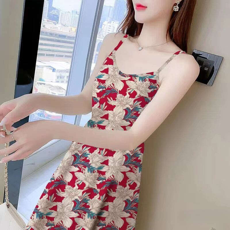 Mid Length Printed Sleeveless Camisole Dress Waist Cinching Long Base Layer Elegant Summer Outfit For Women MAKOUFEI