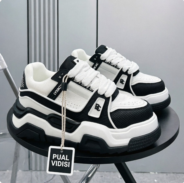Fashion Gifts Men Black White Chunky Platform Sneakers Mesh Leather Upper For Street Style Daily Walking - view 3