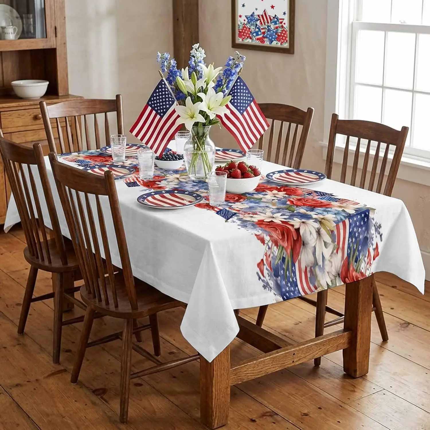 4th of July Independence Day American Flag Print Tablecloth for Table Decor Red Blue White Floral Dining Table Cloth Party Decor C260526