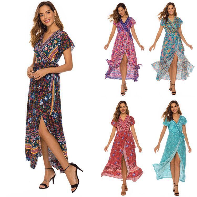 Spring summer dress sexy Vneck Bohemian cardigan waist print 439
