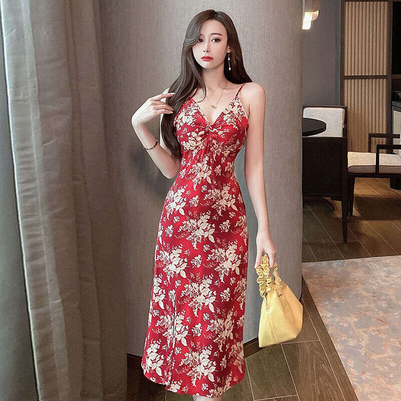 Red Floral Print Camisole Dress Summer Style Waist Cinching Long Slim Fit Outer Wear Elegant Daily Dress For Women MAKOUFEI