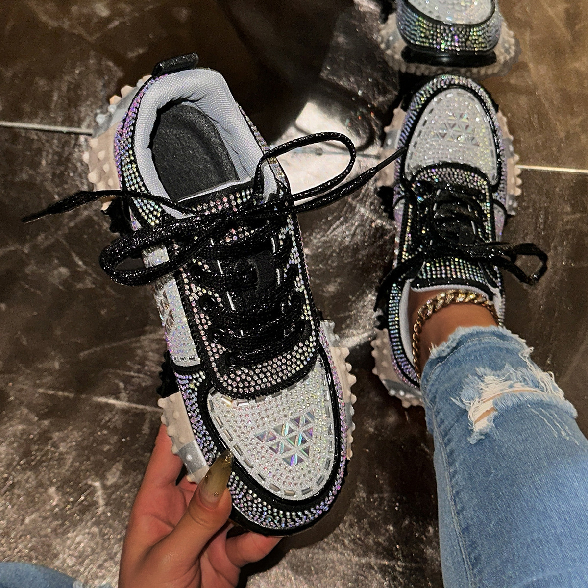 Womens Silver Rhinestone Chunky Sneakers Spiked Sole For Party Fashion Gifts Street Style Wear