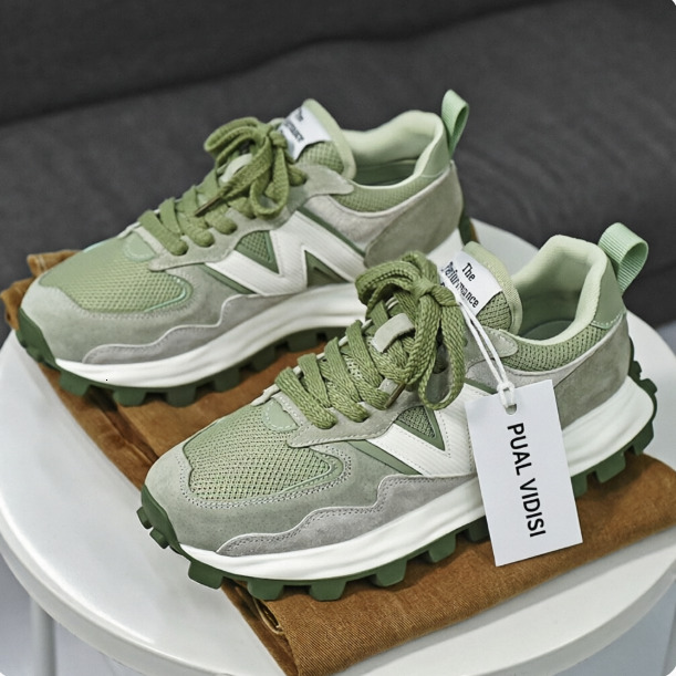 Mens Green Beige Chunky Dad Sneakers Fashion Gifts Suede Mesh For Casual Street Daily Wear - view 3
