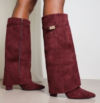 Women's Black Leather Fold-Over Knee High Boots Gold Buckle Pointed Toe Mid Heel Boots Elegant Cuffed Tall Boots for fall Winter Big Size