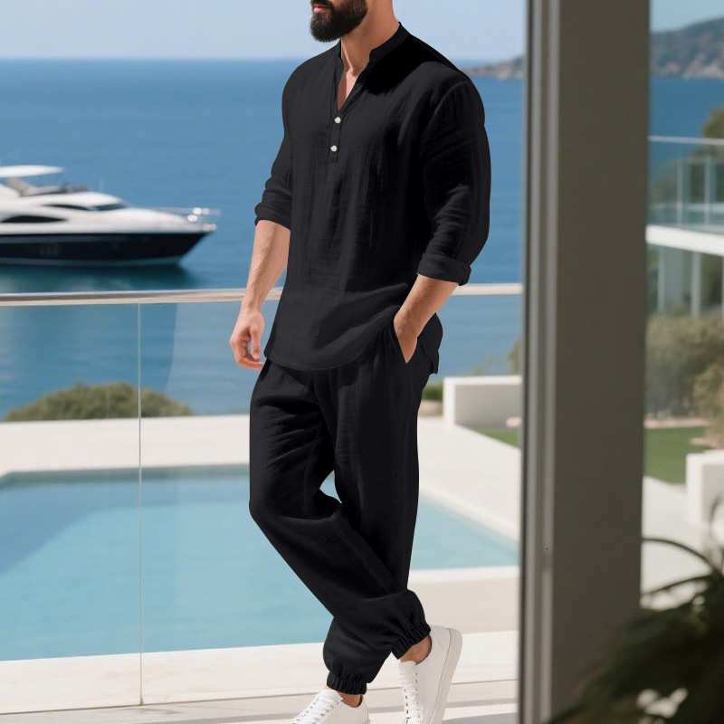 Mens Solid Color Casual Loose Linen Home Commuting Henley Shirt Breathable Long Sleeve Pants Set 250919