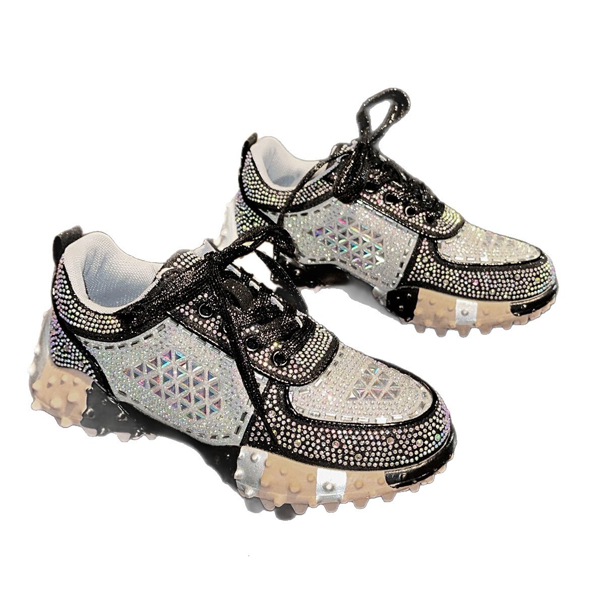 Womens Silver Rhinestone Chunky Sneakers Spiked Sole For Party Fashion Gifts Street Style Wear - view 6