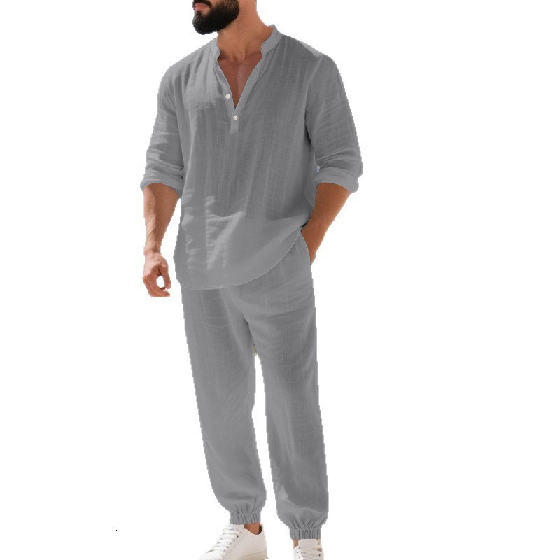 Mens Solid Color Casual Loose Linen Home Commuting Henley Shirt Breathable Long Sleeve Pants Set 250919