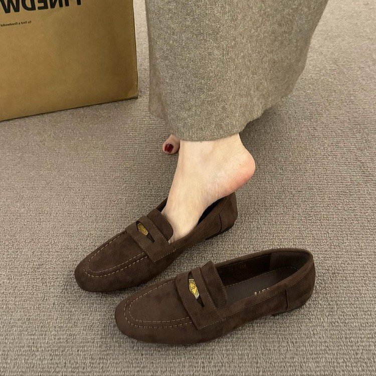 Womens Black Beige Brown Fashion Gifts Suede Loafers Gold Accent For Smart Casual Daily Office Wear