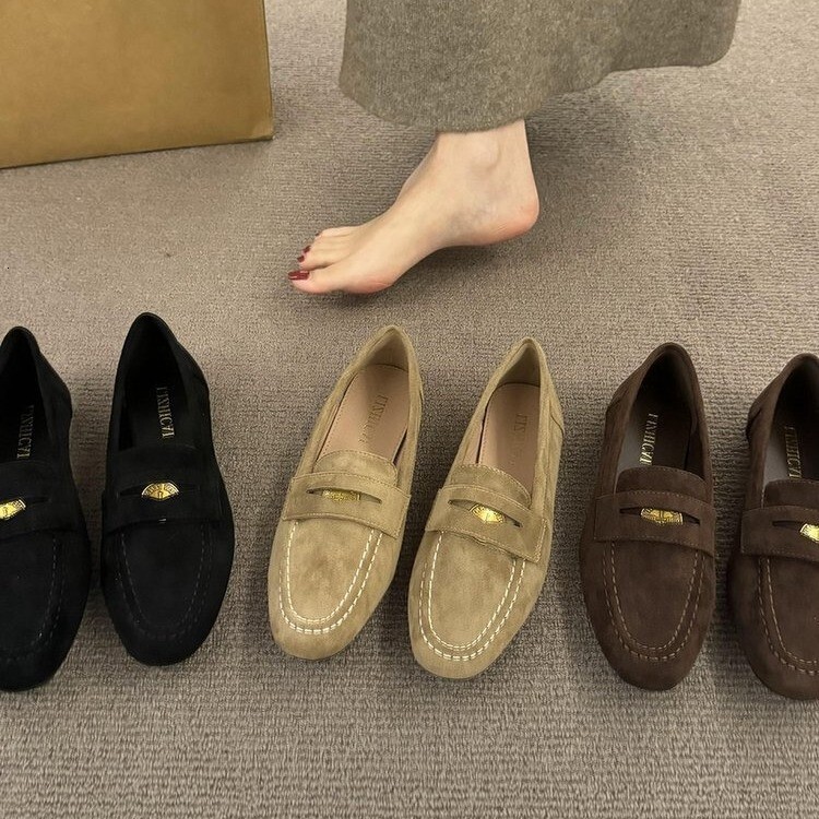 Womens Black Beige Brown Fashion Gifts Suede Loafers Gold Accent For Smart Casual Daily Office Wear - view 3