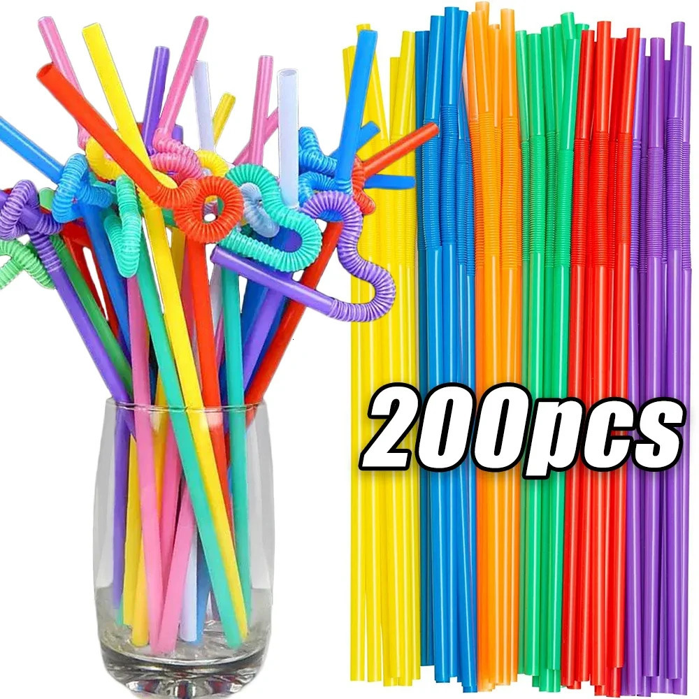 Disposable Drinking Straws Plastic Colorful Flexible Bottle Drinking Long Straw for Wedding Party Kitchen Bar Drinks Accessories 260528