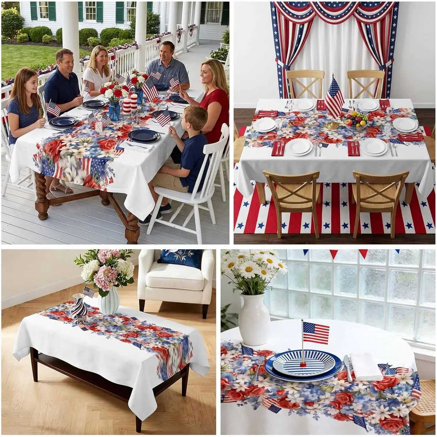 4th of July Independence Day American Flag Print Tablecloth for Table Decor Red Blue White Floral Dining Table Cloth Party Decor C260526