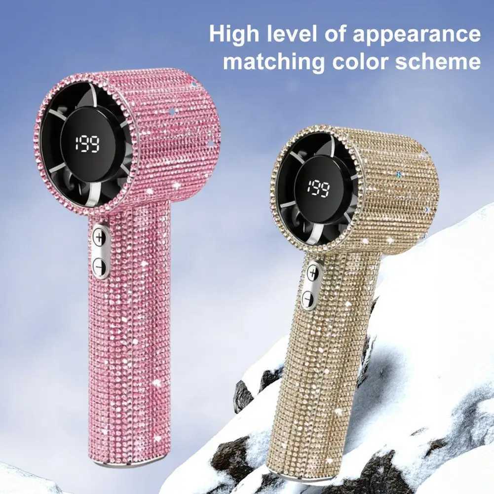 Portable Mini Fan Rhinestone LED Display Turbo High Speed Handheld Cooling Fan Quiet Operation Summer Travel Must-Have C260528