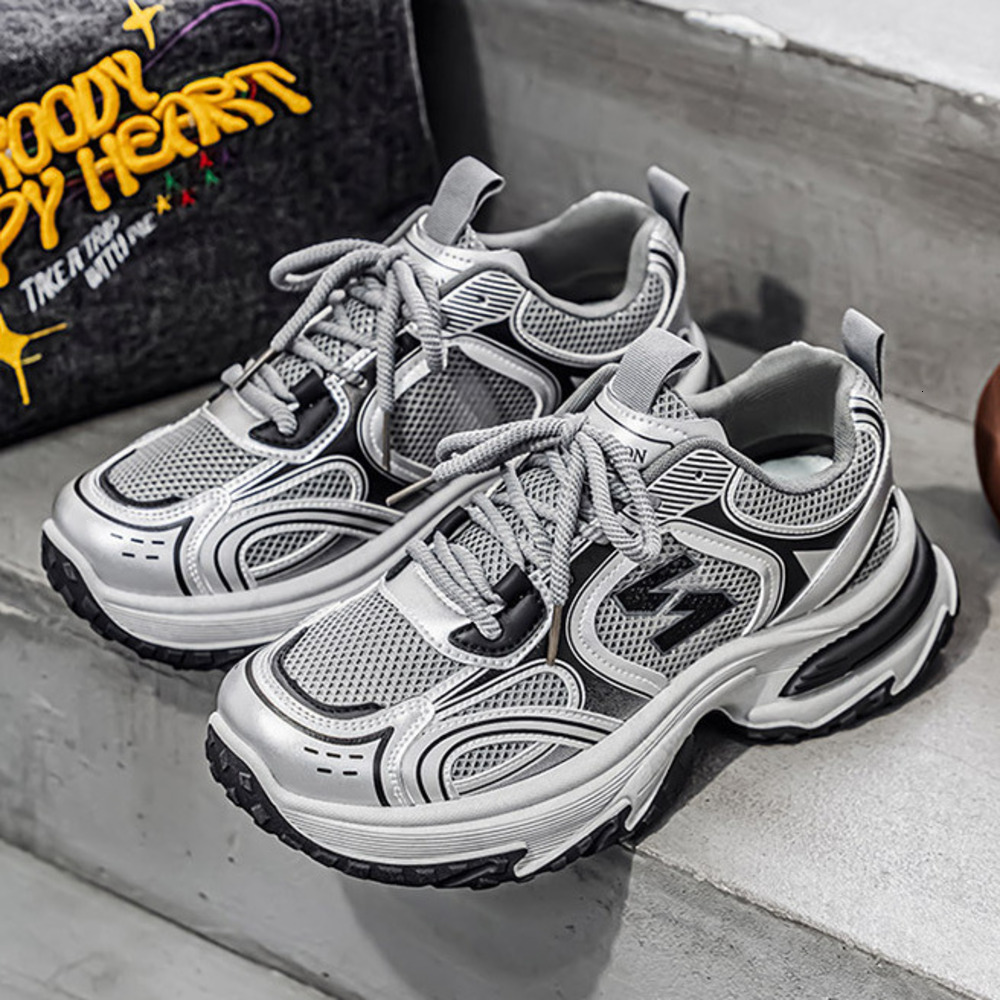 Men's White Gray Chunky Dad Sneakers Breathable Mesh Retro Running Shoes Lightweight Casual Athletic Trainers