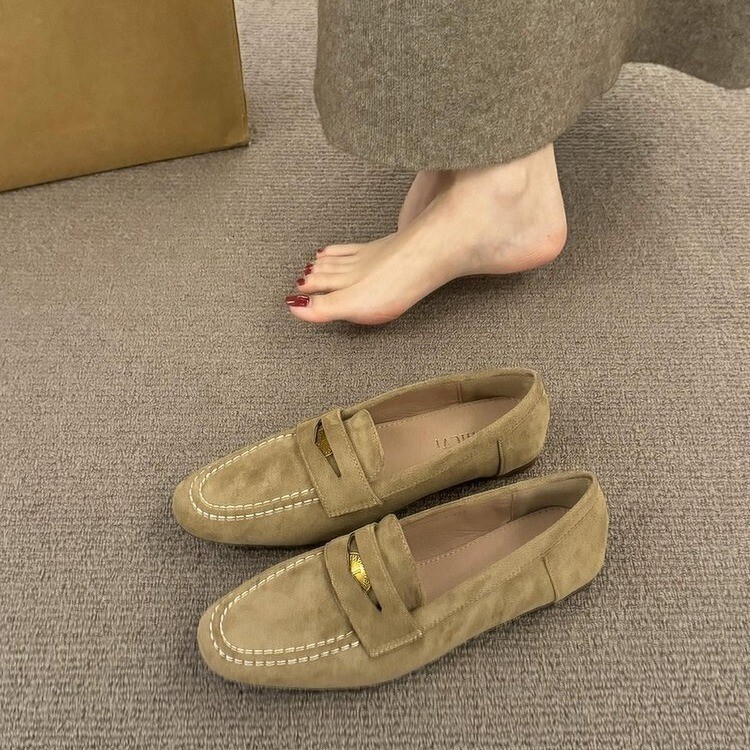 Womens Black Beige Brown Fashion Gifts Suede Loafers Gold Accent For Smart Casual Daily Office Wear - view 5