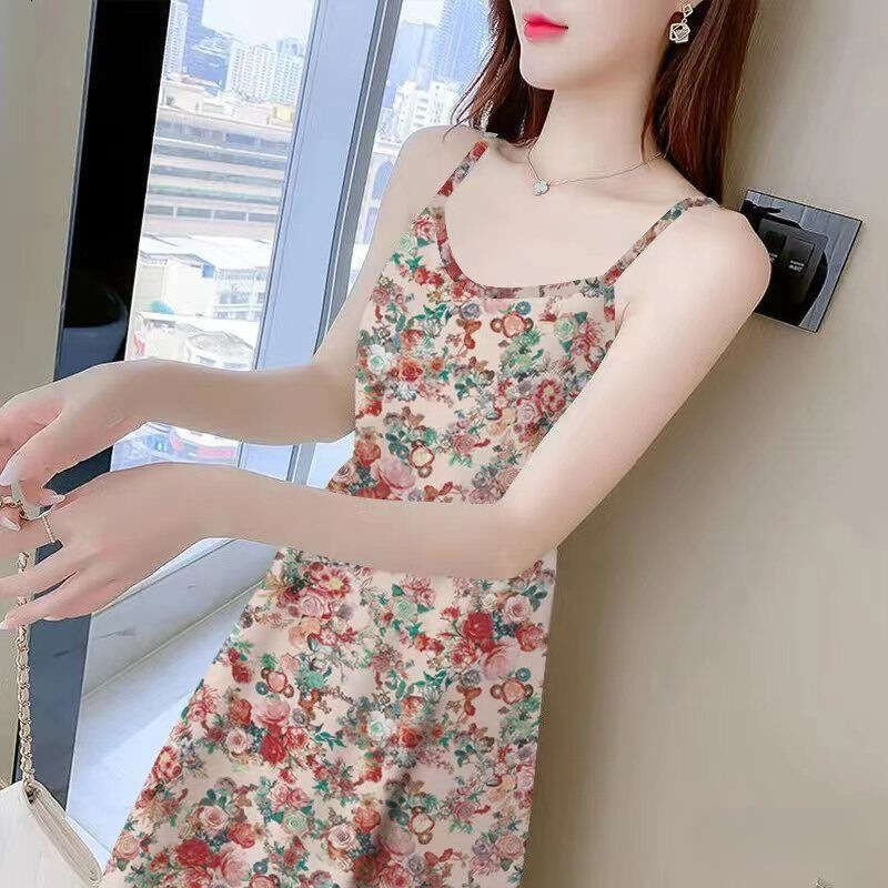 Mid Length Printed Sleeveless Camisole Dress Waist Cinching Long Base Layer Elegant Summer Outfit For Women MAKOUFEI