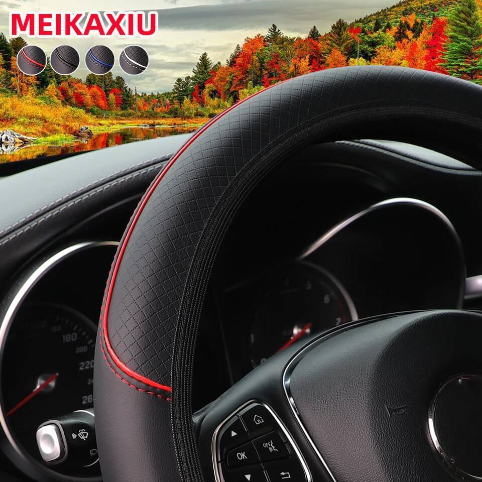 A leather embosed red blue strip trim without inner ring steering wheel cover fits 14.5-15 "37-38cm car interior supplies ddmynov ddmynov ddmynov