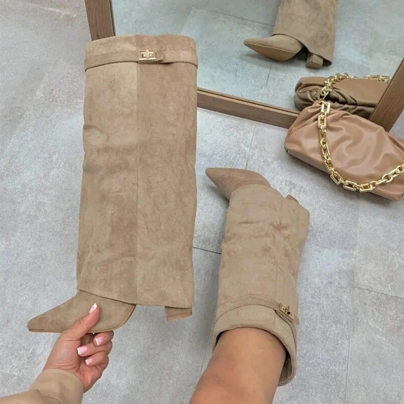 Women's Black Leather Fold-Over Knee High Boots Gold Buckle Pointed Toe Mid Heel Boots Elegant Cuffed Tall Boots for fall Winter Big Size