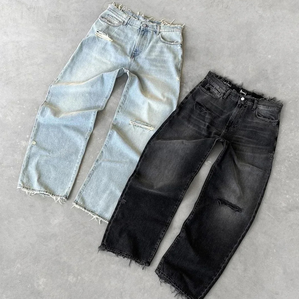 Men's Jeans Y2K Vintage Slim Fit Trendy Washed Men Women Harajuku Hip Hop Straight Leg Pants Gothic Fringed Casual Micro Flared Daily Commute Men