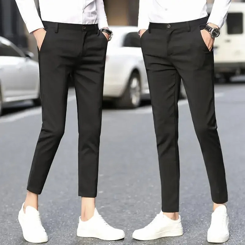 Slim Fit White Tressed Male Suit Trousers Business Social Tailoring Stretch Mens Summer Pants 9 Cropped Elastic Clothes Offer 260527