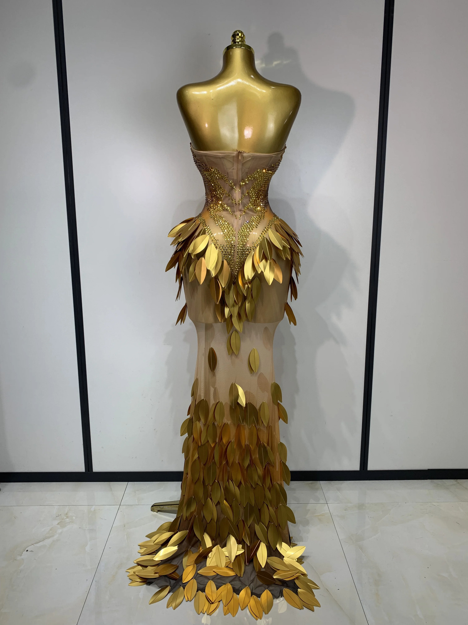 Women Sexy Strapless Mesh Maxi Long Dress Sparkly Gold Rhinestone Sequin Evening Party Gown y Nightclub Birthday Prom 260528 - view 5