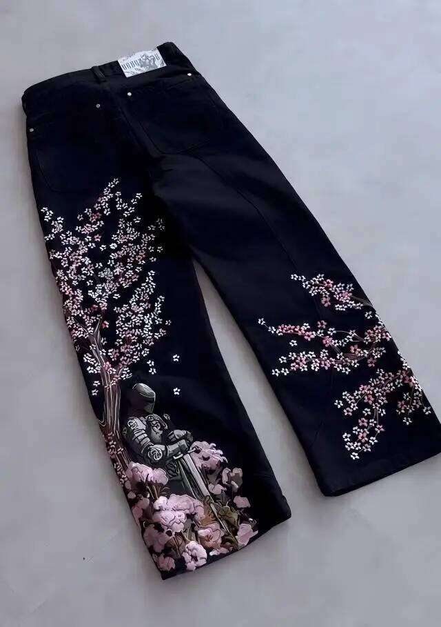 Y2K Japan Cherry Blossom Knight Embroidery Black Baggy Jeans Men High Street Vintage Hip Hop Fashion Couple Wide-leg Denim Pants J260528