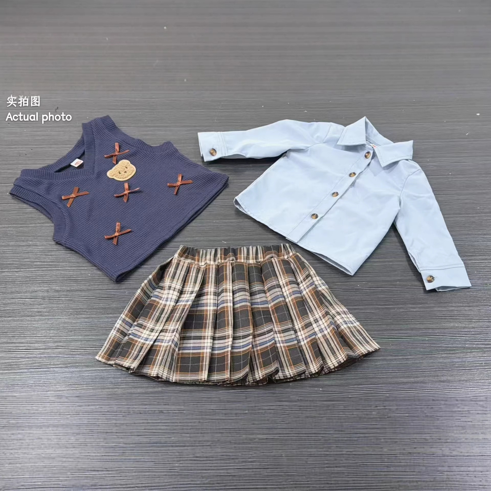 Childrens Clothing Set Autumn Item Childrens Shirt Knitted Vest Short Skirt Three Piece Set Toddler Girl Clothes 250207