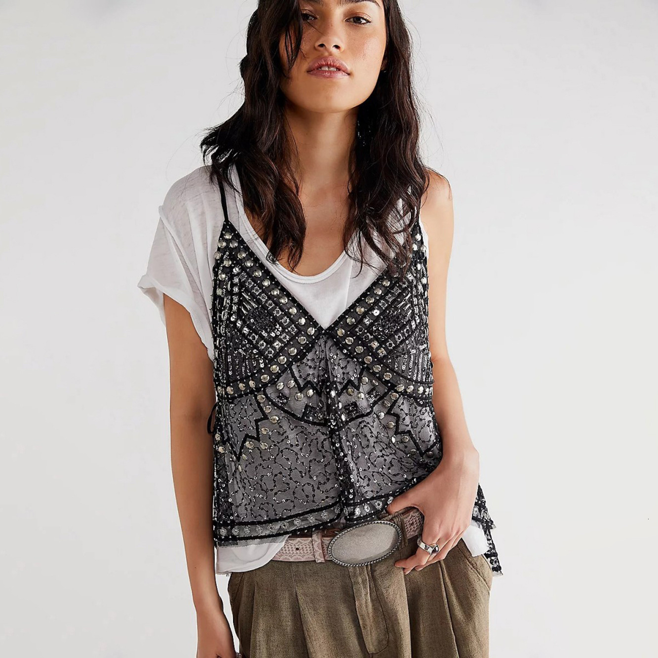 Women Y2k Floral Sequin Patchwork Crop Tops Sparkly Strappy Tank Tops Sexy V Neck Top Concert Outfits Party Beachwear 260514