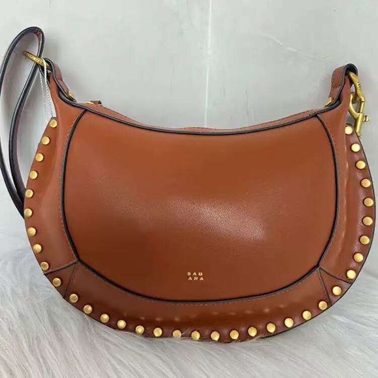 Brown Studded Leather Hobo Bag for Women, Vintage Gold Rivet Crescent Crossbody Shoulder Purse, Retro Saddle Style Handbag dh3572031JY - view 8