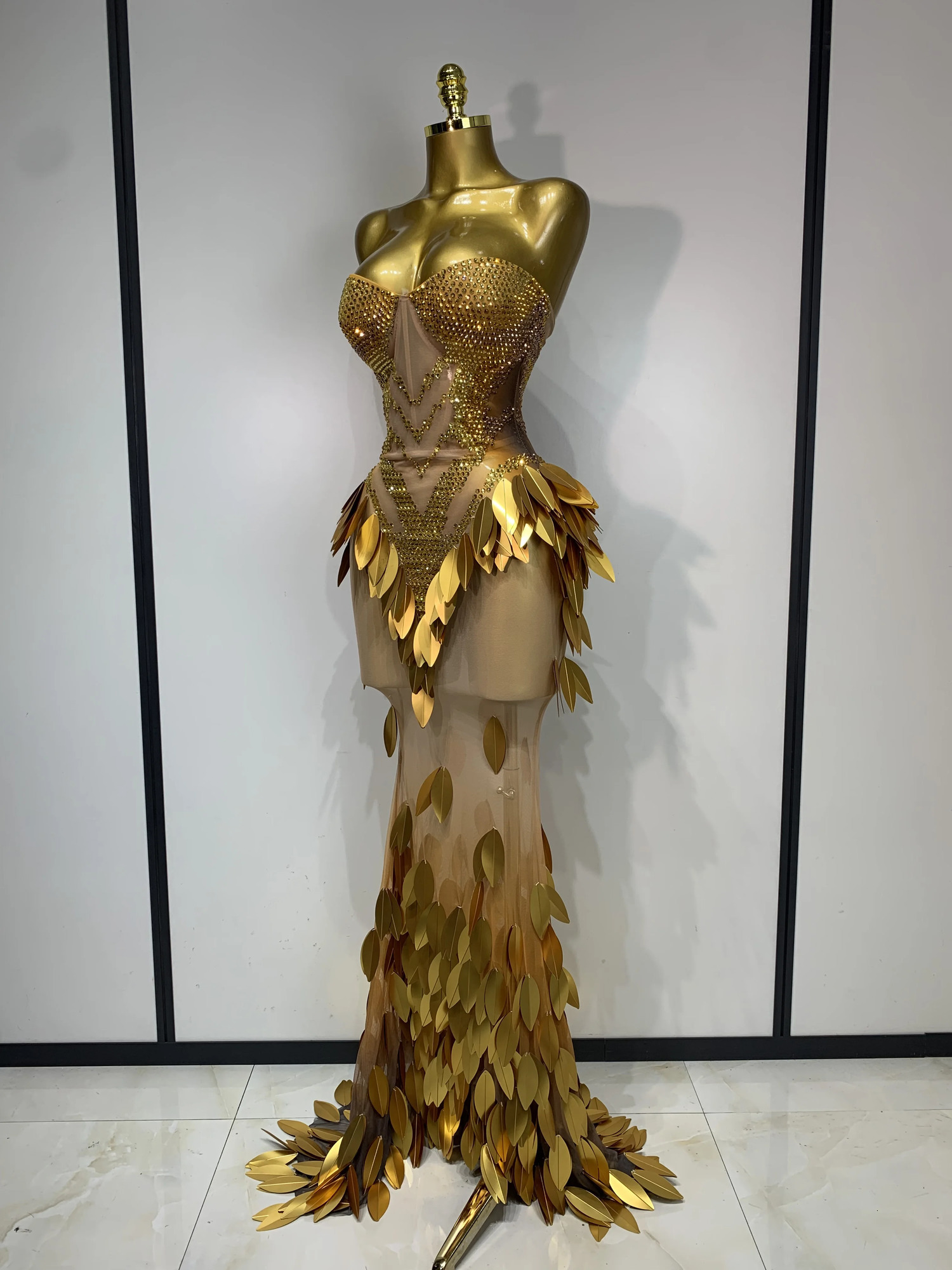 Women Sexy Strapless Mesh Maxi Long Dress Sparkly Gold Rhinestone Sequin Evening Party Gown y Nightclub Birthday Prom 260528 - view 3
