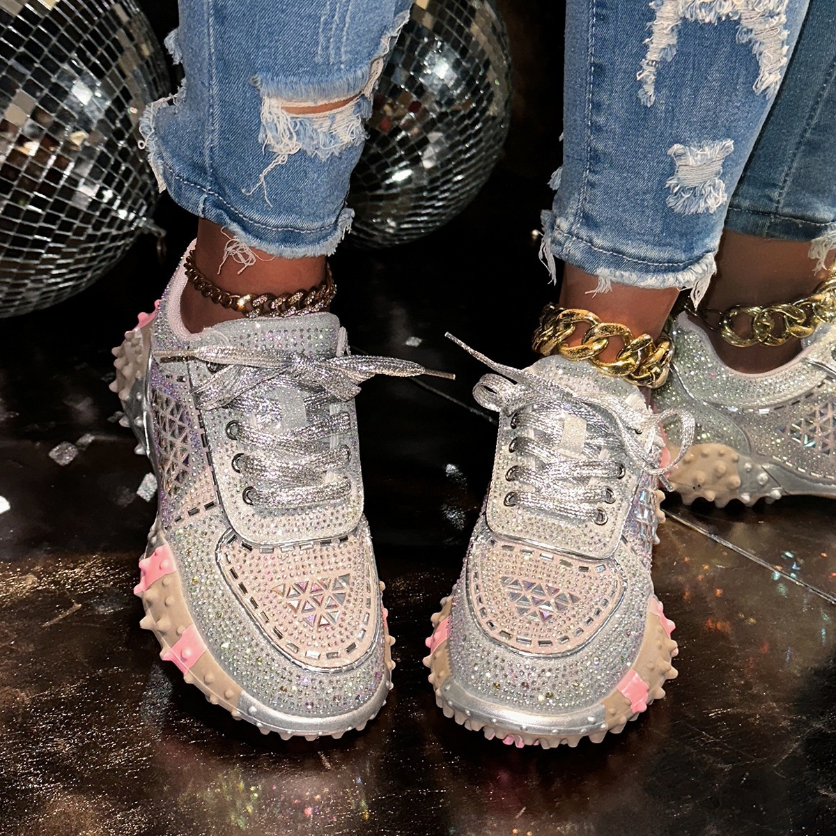 Womens Silver Rhinestone Chunky Sneakers Spiked Sole For Party Fashion Gifts Street Style Wear - view 3