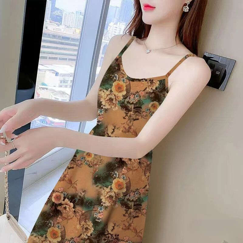 Mid Length Printed Sleeveless Camisole Dress Waist Cinching Long Base Layer Elegant Summer Outfit For Women MAKOUFEI