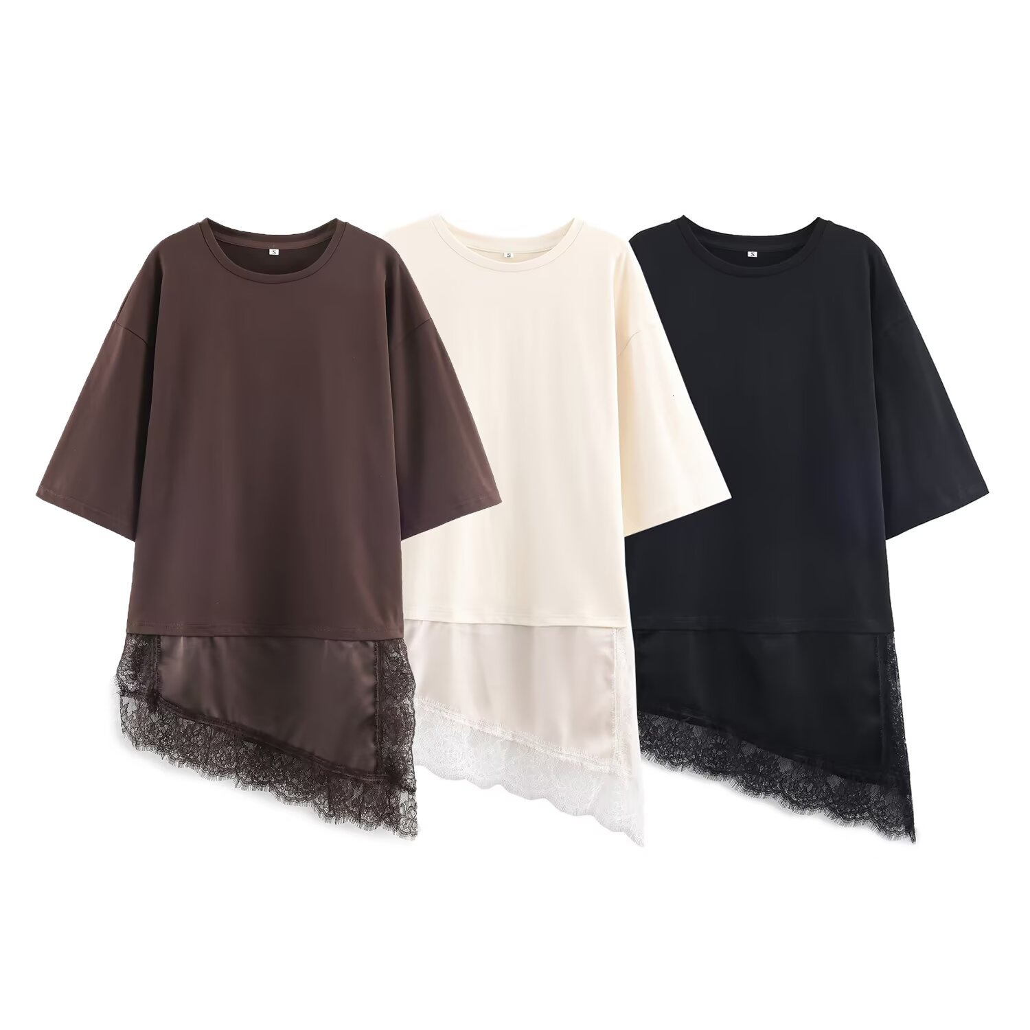 Spring and summer new trendy short-sleeve fashion womens casual patchwork lace T-shirt top 210419
