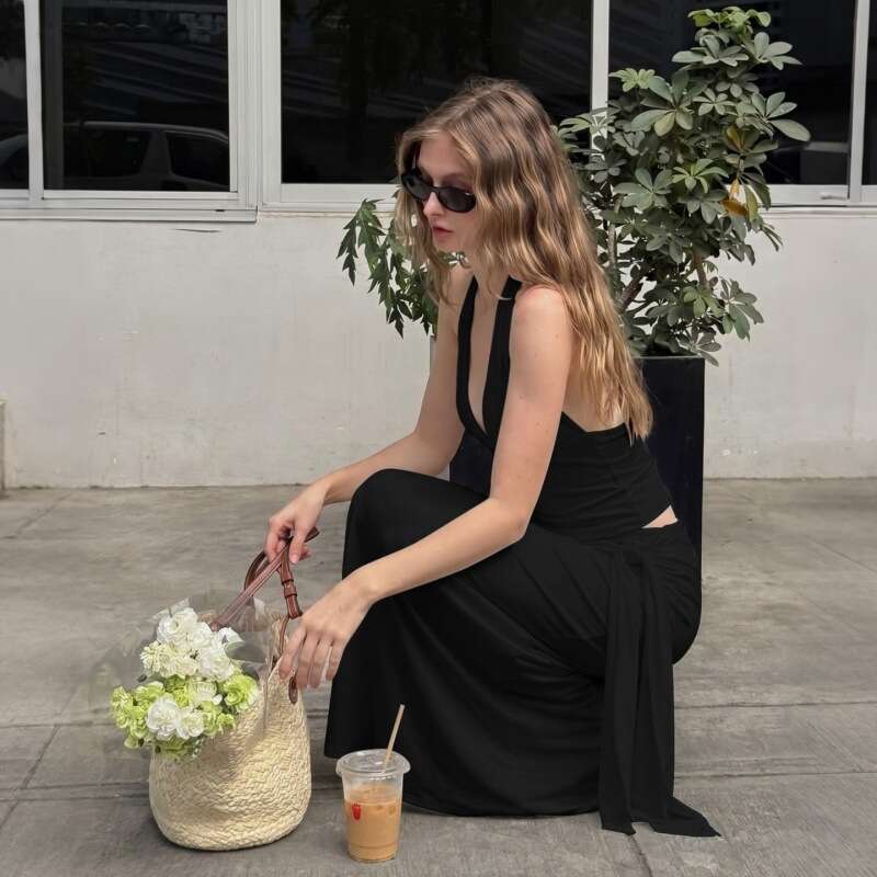 Women Halter Top And Long Skirt Set Slim Fitted Bodycon Dress Outfit With Decorative Ribbons Fashion Daily Wear Ladies Clothes MAKOUFEI