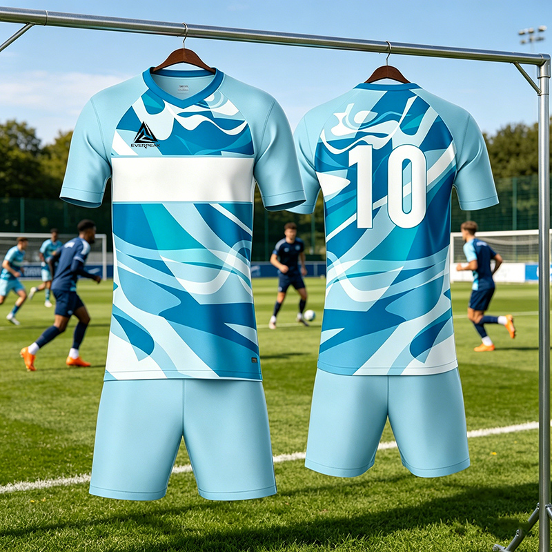 Custom Light Blue Abstract Soccer Uniform Quick Dry Breathable Football Jersey and Shorts Kit Personalized Sportswear for Adult Youth Training Matches - view 5