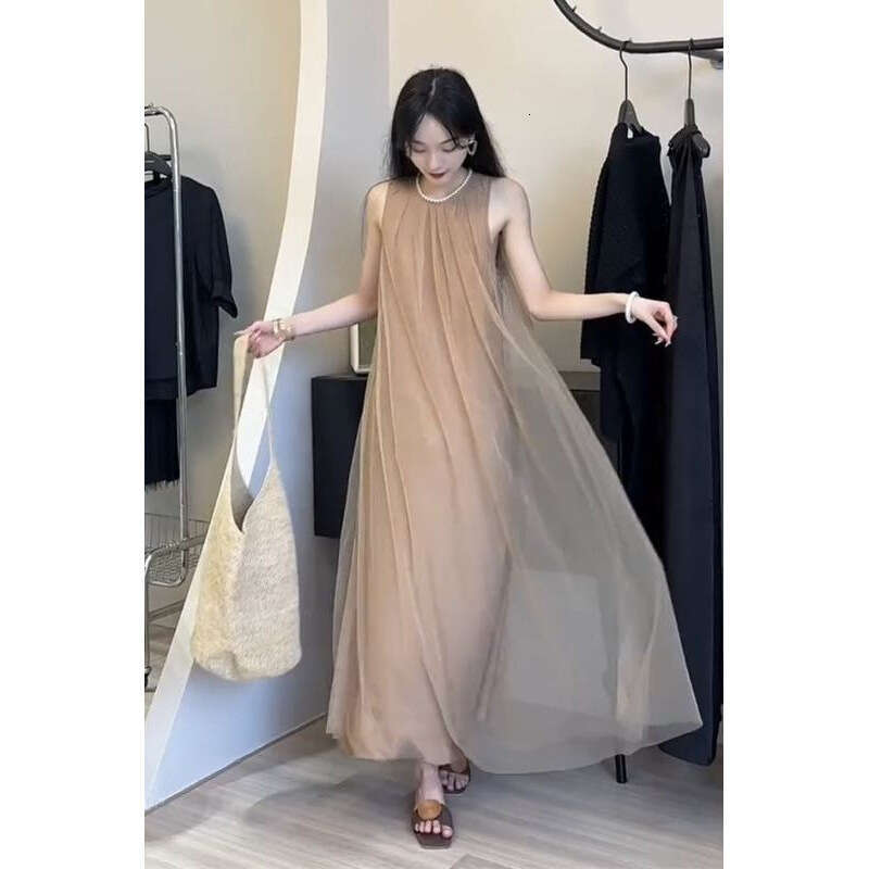 Elegant Flowing Gentle Style Round Neck Sleeveless Solid Color Mesh Loose A Line Dress Summer Wear For Women MAKOUFEI