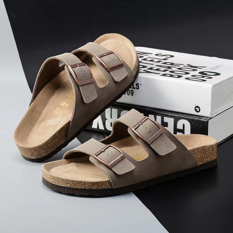 Unisex Brown Adjustable Buckle Cork Footbed Slide Sandals For Beach Casual Daily Wear daily outfit