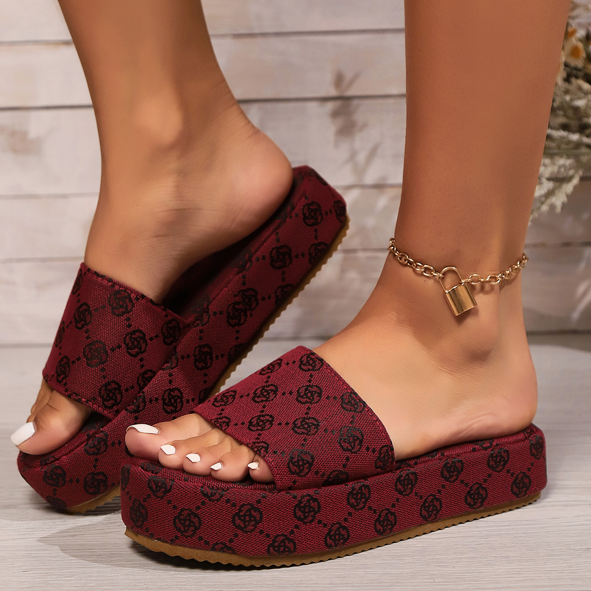 Women's Monogram Print Platform Slides Beige Brown Wedge Sandals Slip-On Open Toe Espadrille Style Summer Slippers