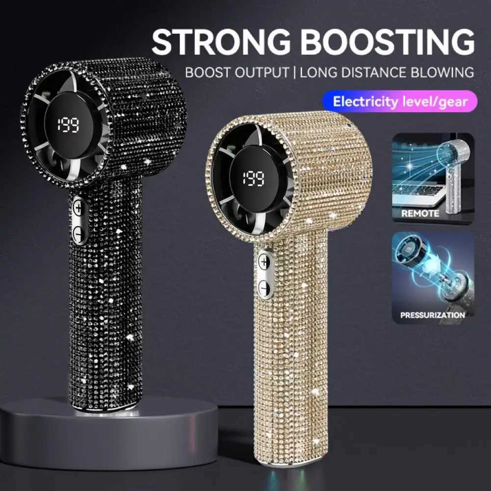 Portable Mini Fan Rhinestone LED Display Turbo High Speed Handheld Cooling Fan Quiet Operation Summer Travel Must-Have C260528