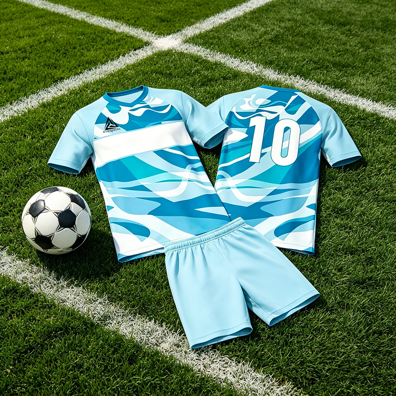 Custom Light Blue Abstract Soccer Uniform Quick Dry Breathable Football Jersey and Shorts Kit Personalized Sportswear for Adult Youth Training Matches - view 3