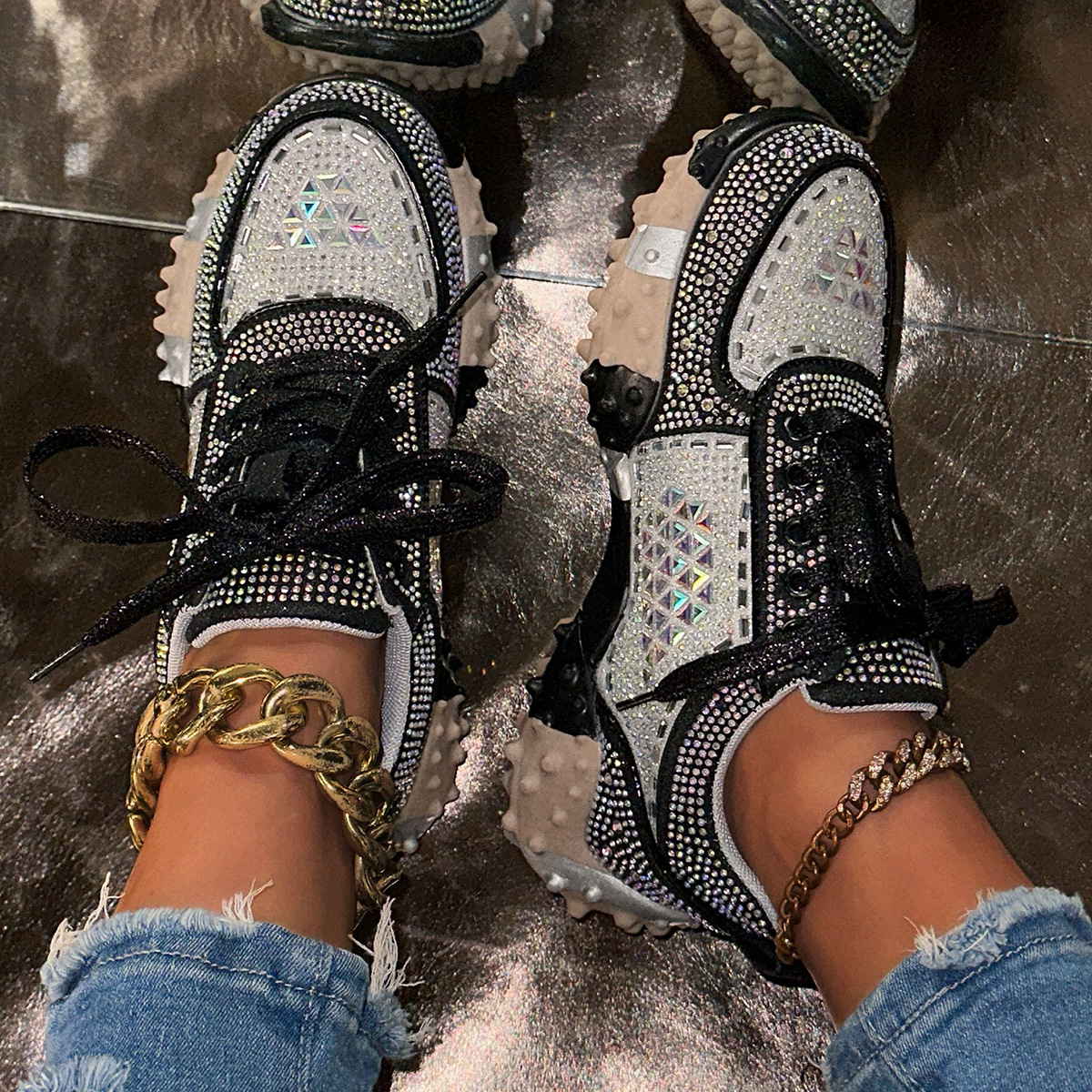 Womens Silver Rhinestone Chunky Sneakers Spiked Sole For Party Fashion Gifts Street Style Wear - view 5
