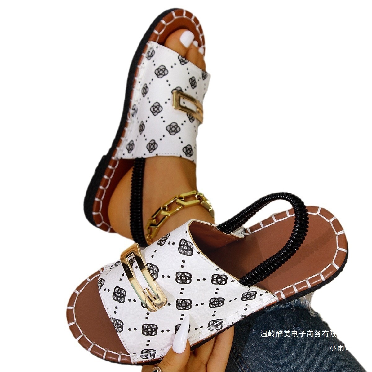 Womens Blue Denim Flat Sandals Metal Buckle For Summer Casual Beach Fashion Gifts Daily Wear - view 6